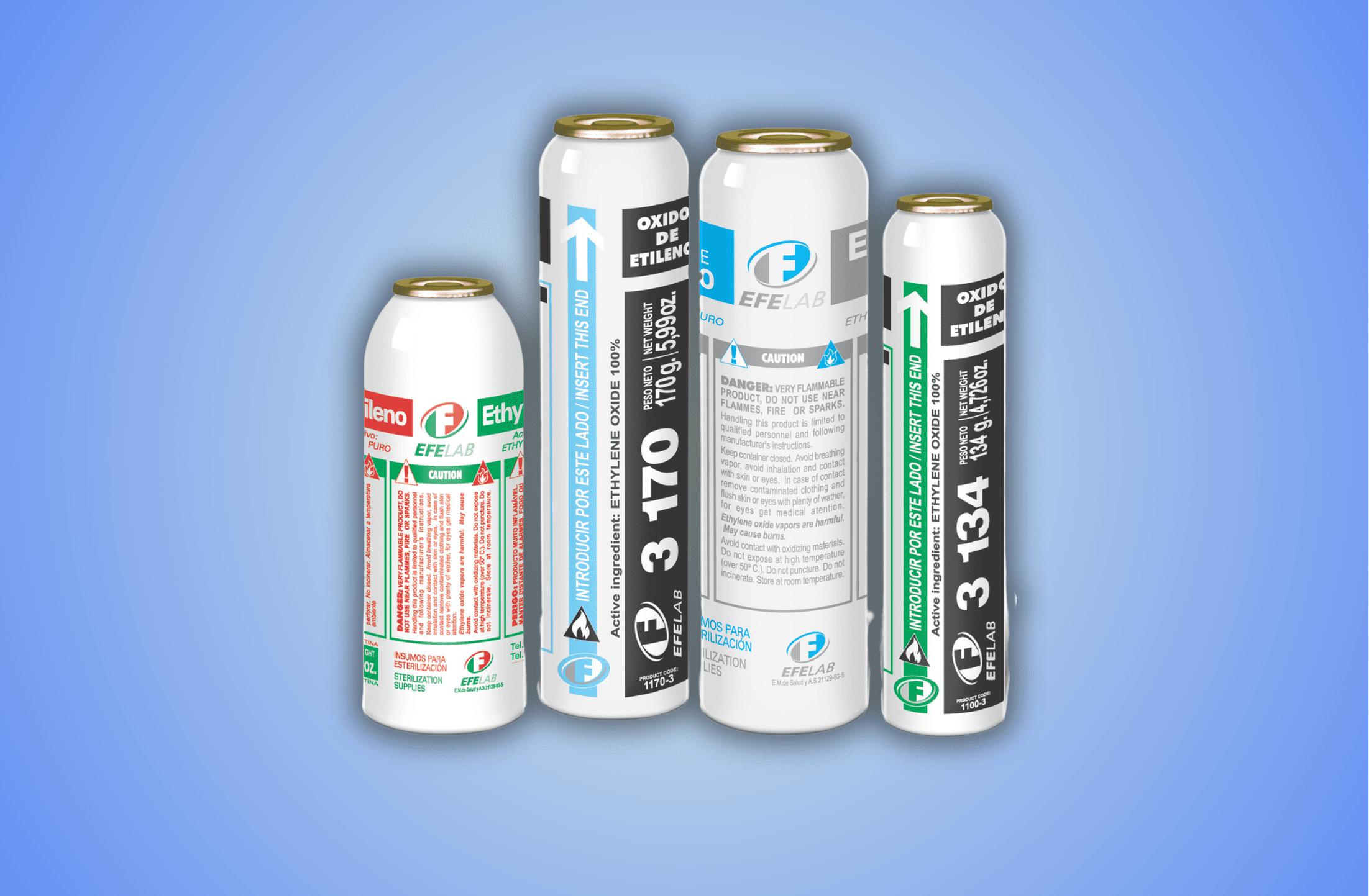Front view of metallic ethylene oxide cartridges for sterilization