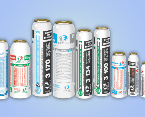 Ethylene oxide metallic cartridge sizes with capacities of 10gr, 15gr, 30gr, 50gr, and 67gr.