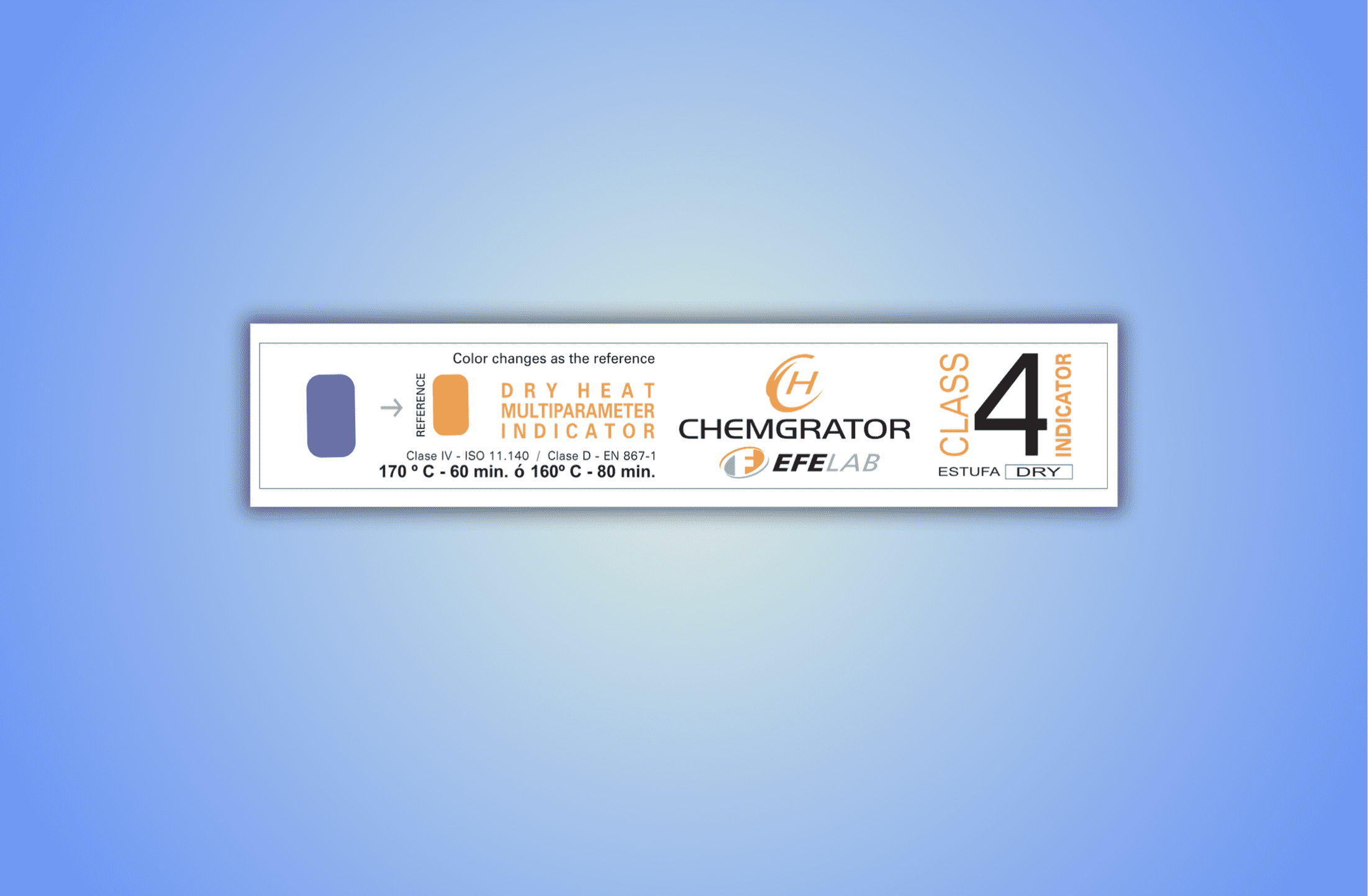 Indicador Multiparâmetro Calor Seco | Classe 4 ISO 11140 Vista frontal do Indicador Multiparâmetro para esterilização por calor seco Classe 4