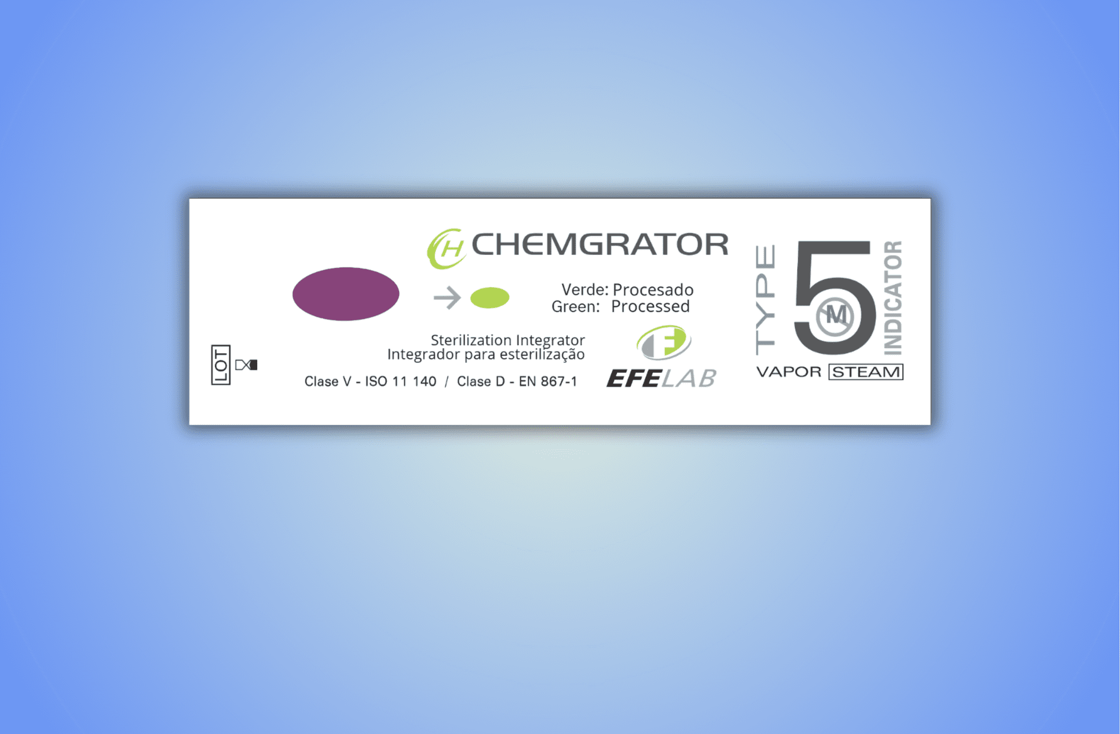 Integrador Classe 5 Vapor Dupla Laminação | Chemgrator IV57 Featured image of the Chemgrator IV57 multiparameter integrator, compliant with ISO 11140 Type 5. Designed for steam sterilization monitoring, it includes a reinforced paper structure and dual lamination to withstand demanding autoclave conditions. Irreversible color change with clearly printed reference markings.
