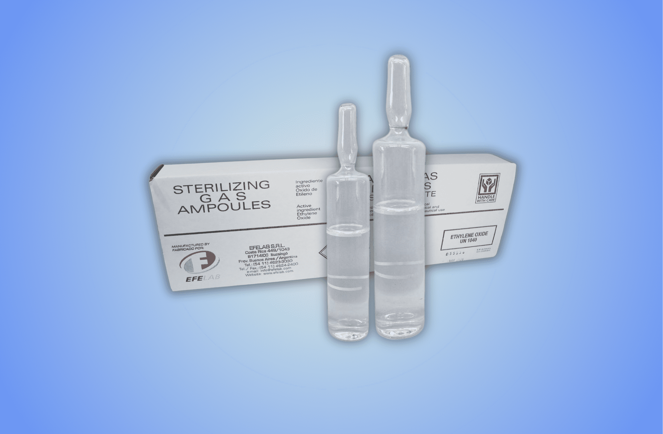 Vista frontal de ampollas con óxido de etileno para esterilización